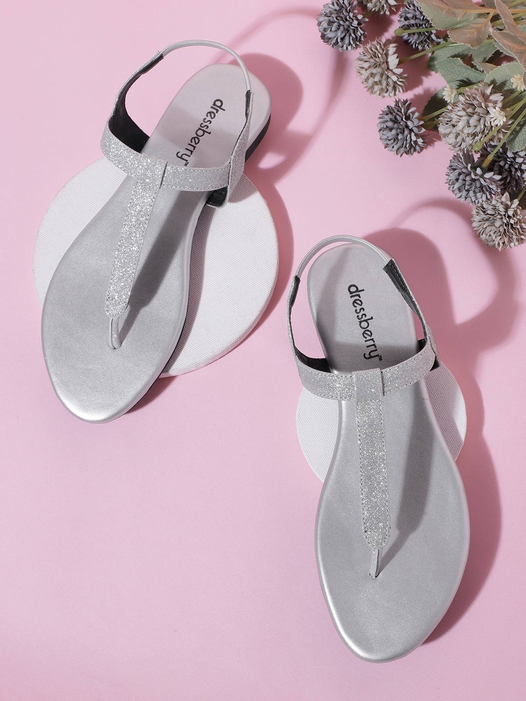 

DressBerry Women Silver-Toned Shimmer T-strap Flats