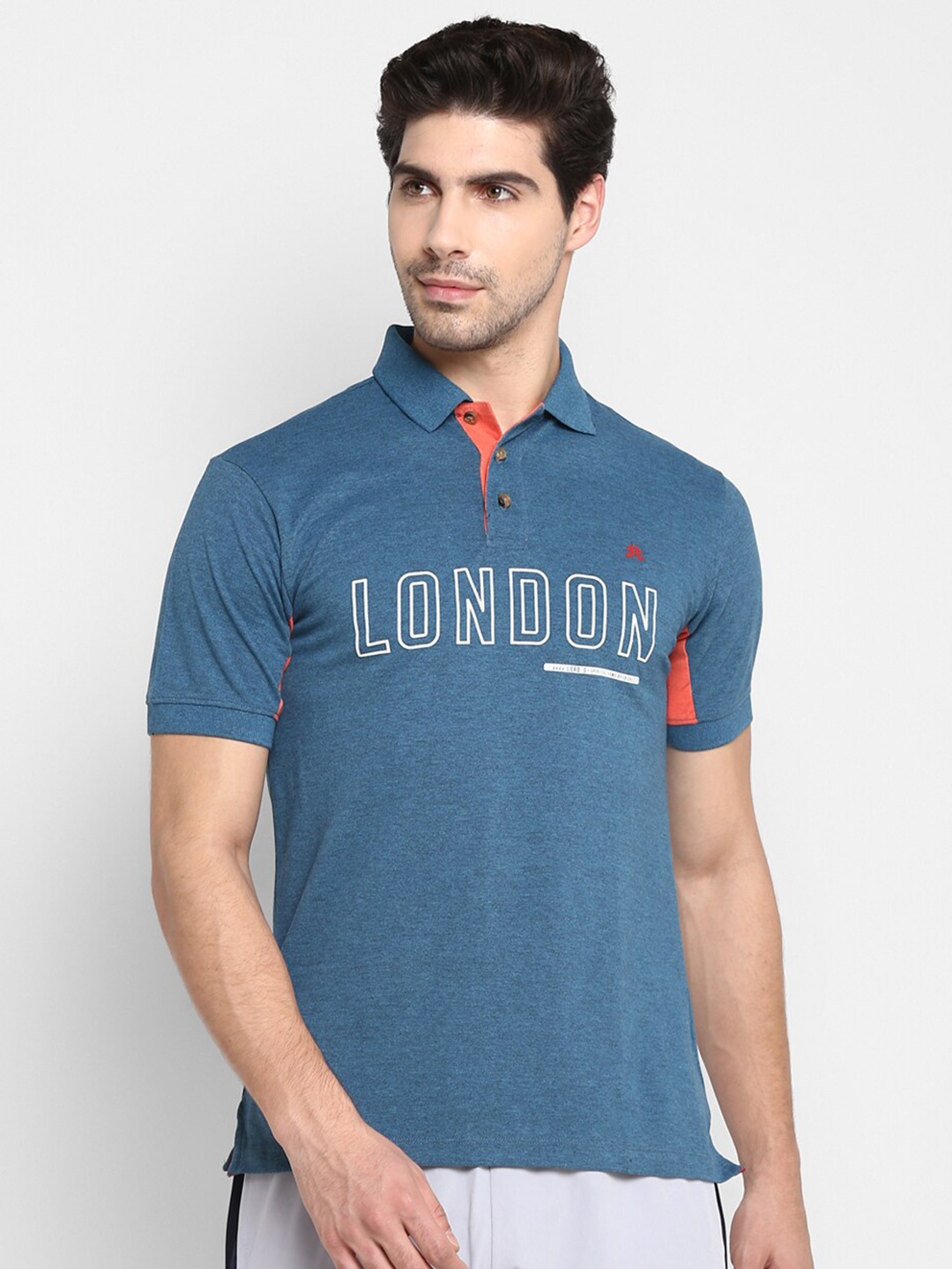 

OFF LIMITS Men Teal Blue & White Printed Polo Collar Cotton T-shirt