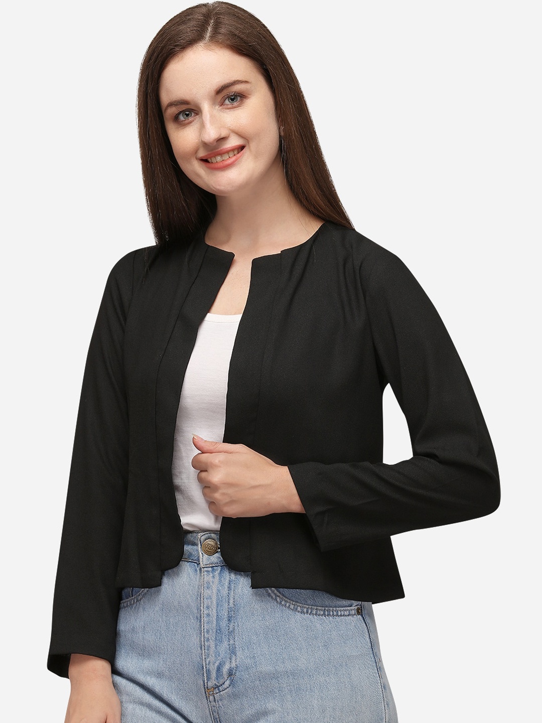 

Fbella Women Black Striped Lightweight Crop Tailored Jacket with Embroidered