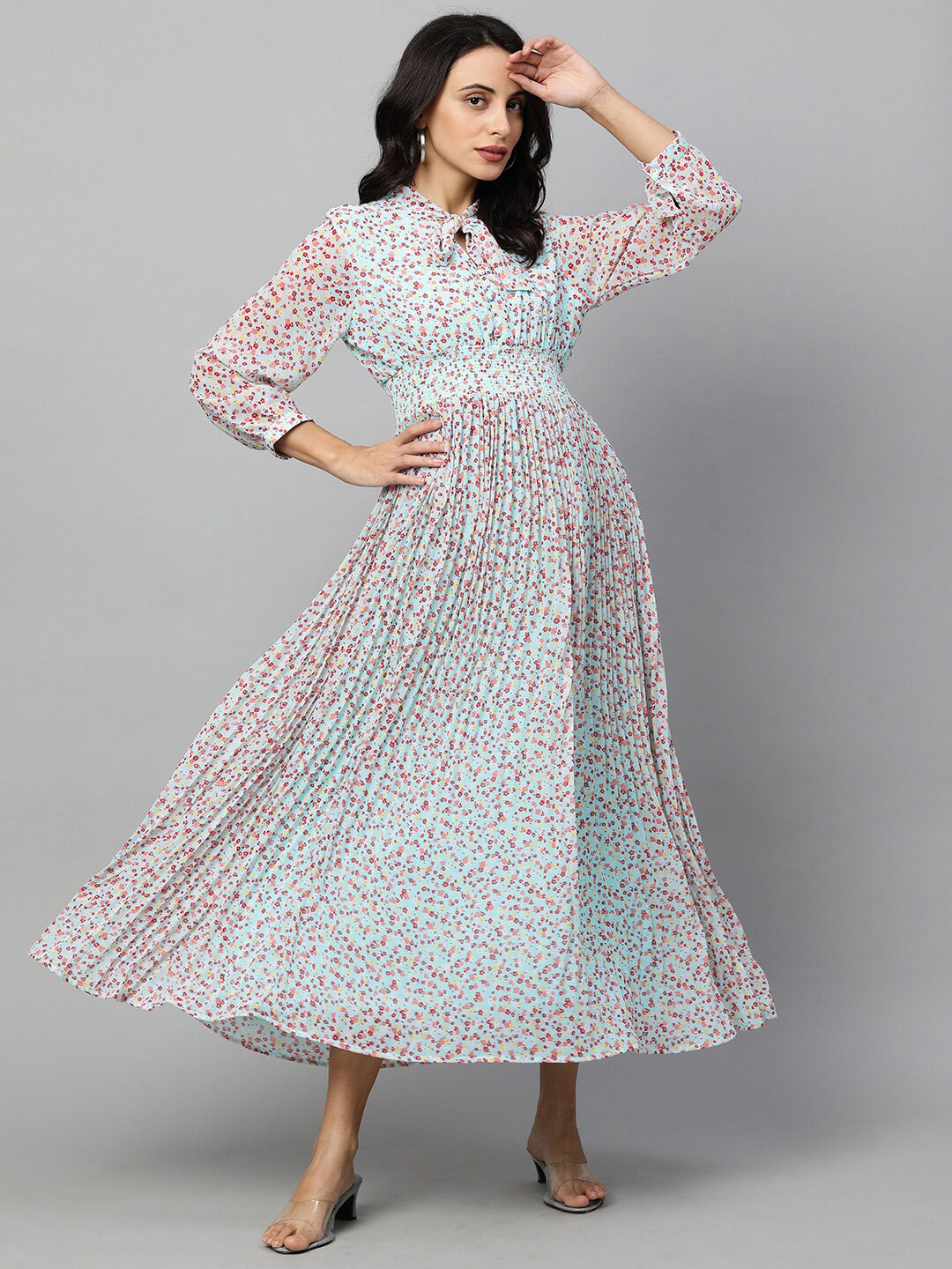

FASHOR Women Blue & Pink Floral Printed Tie-Up Neck Georgette Maxi Dress