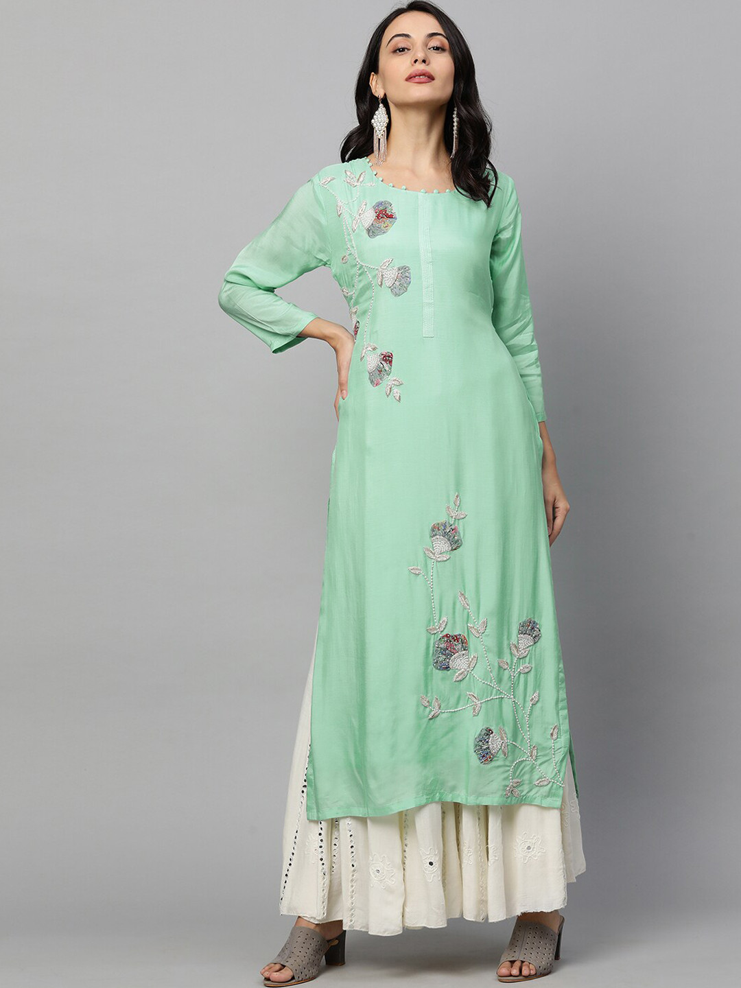 

FASHOR Women Green & White Ethnic Motifs Embroidered Zardozi Kurta