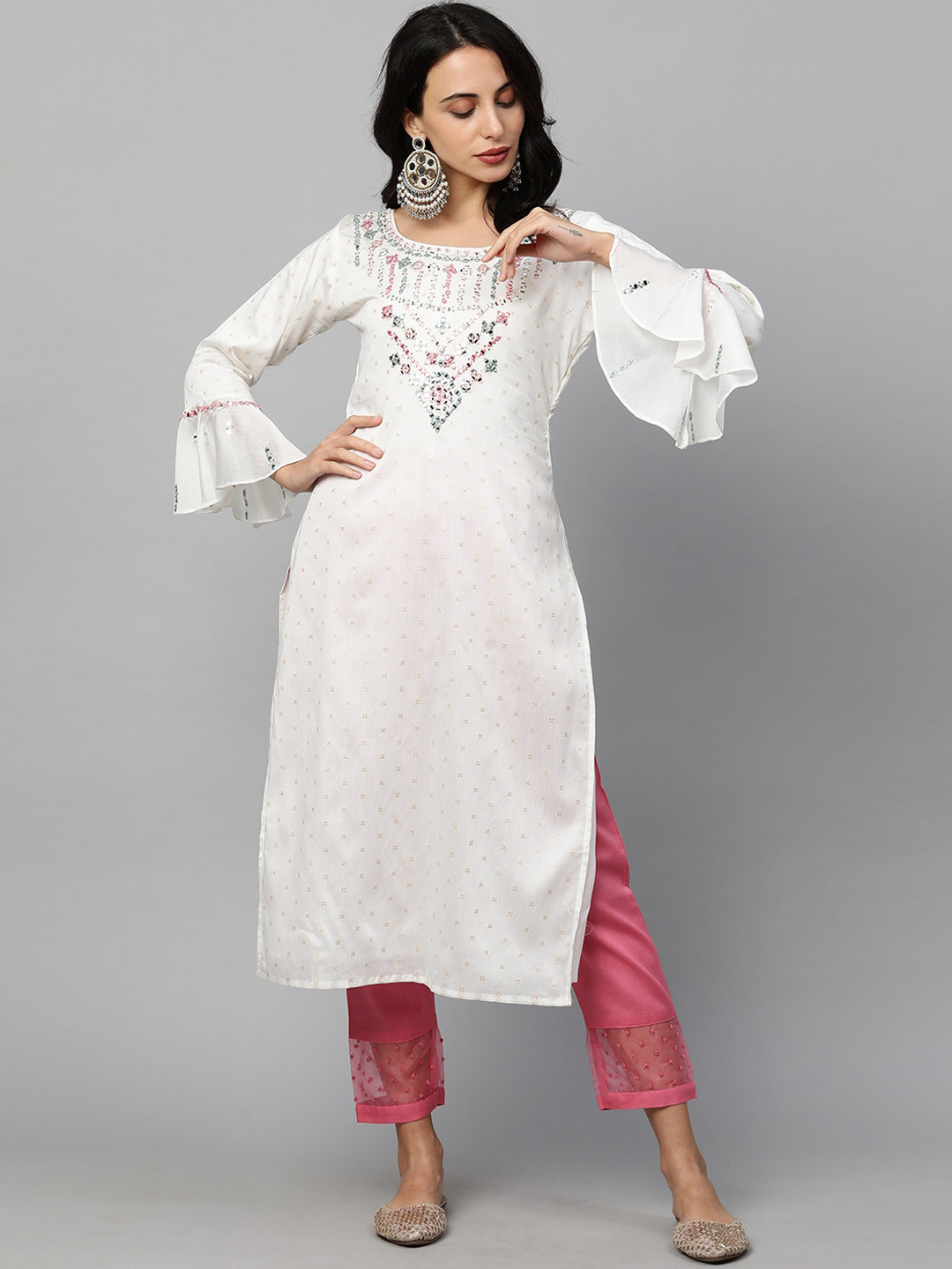 

FASHOR Women White Woven Zari & Mirror Embroidered Straight Kurta