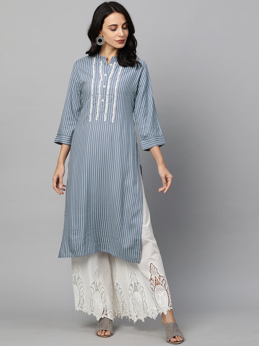 

FASHOR Women Blue Striped Flared Sleeves Gotta Patti Anarkali Kurta