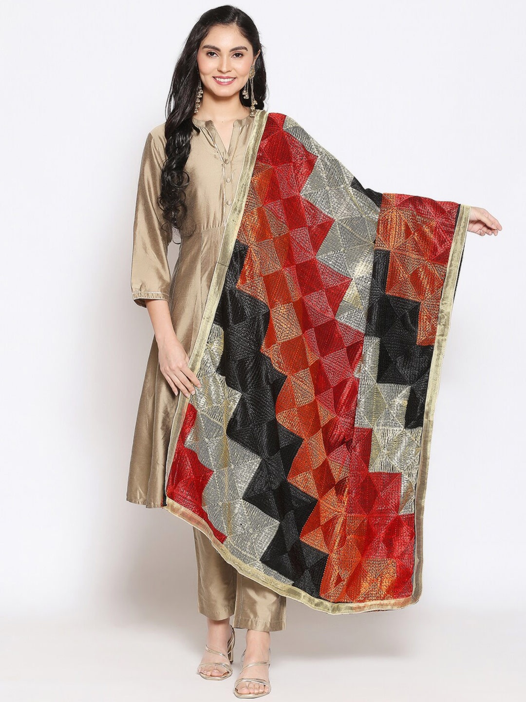 

Dupatta Bazaar Red & Black Embroidered Dupatta with Phulkari