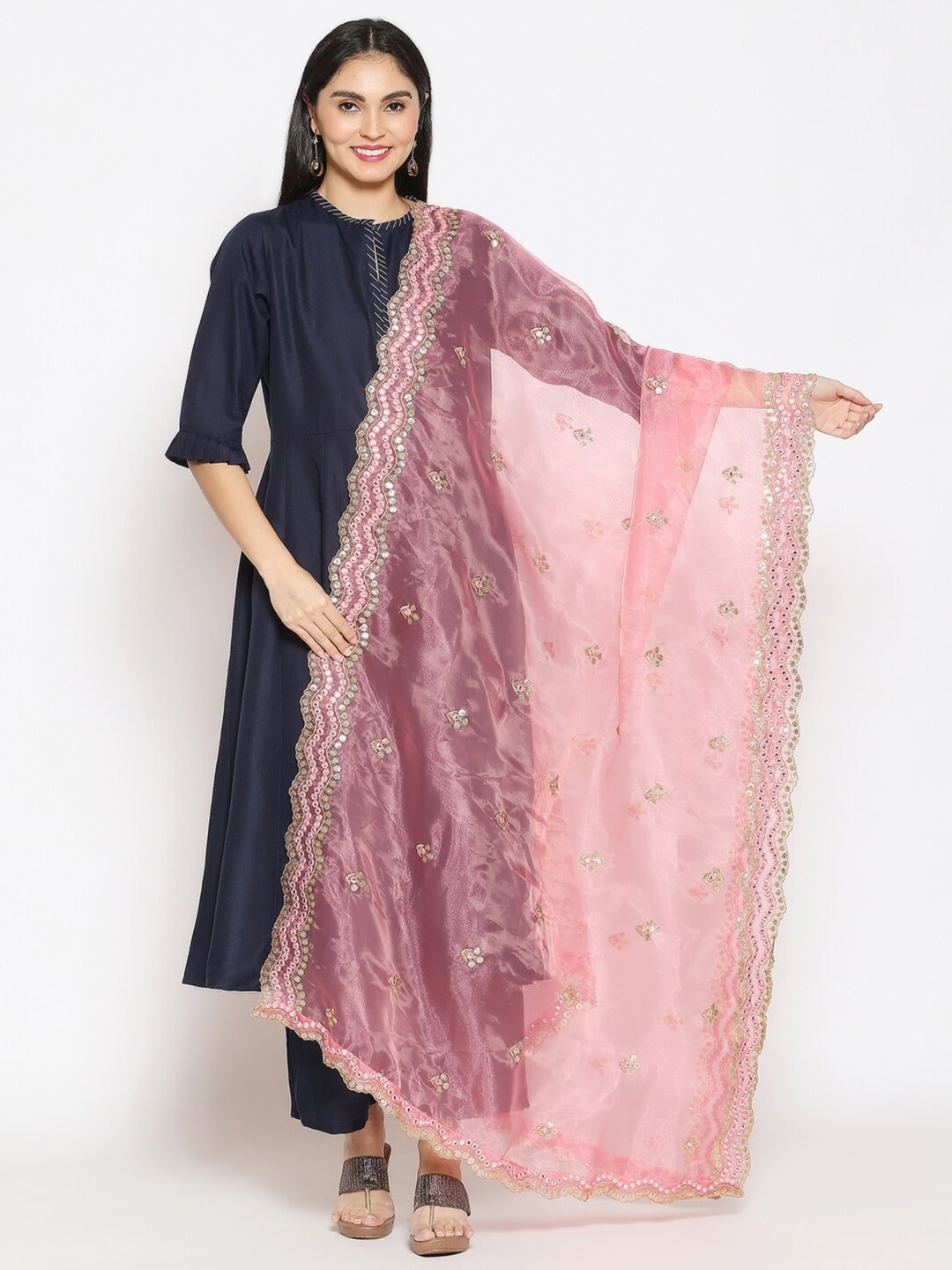 

Dupatta Bazaar Rose & Gold-Toned Ethnic Motifs Embroidered Sequinned Organza Dupatta