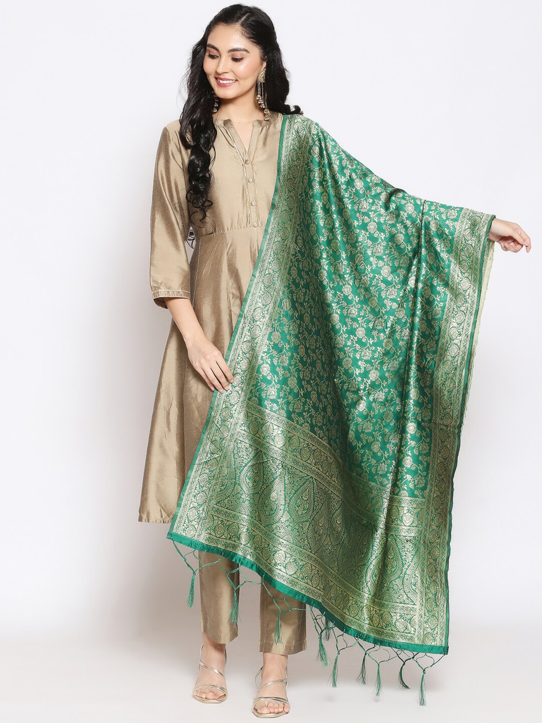 

Dupatta Bazaar Green & Gold-Toned Woven Design Dupatta