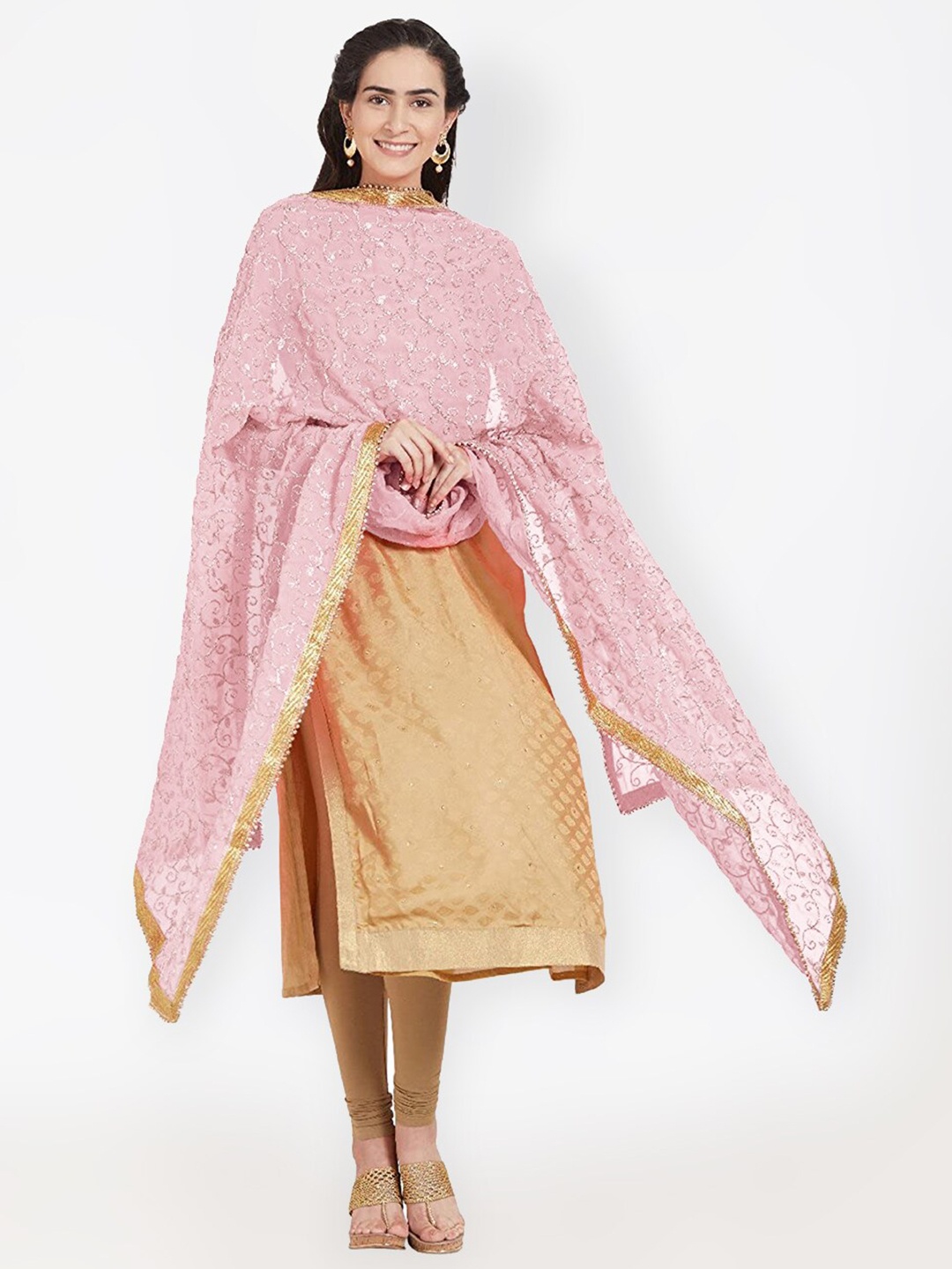 

Dupatta Bazaar Rose & Gold-Toned Embroidered Dupatta With Zardozi