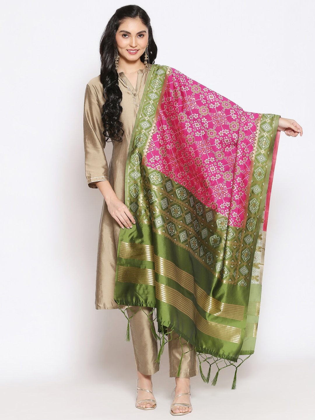 

Dupatta Bazaar Pink & Green Ethnic Motifs Woven Design Dupatta with Zari