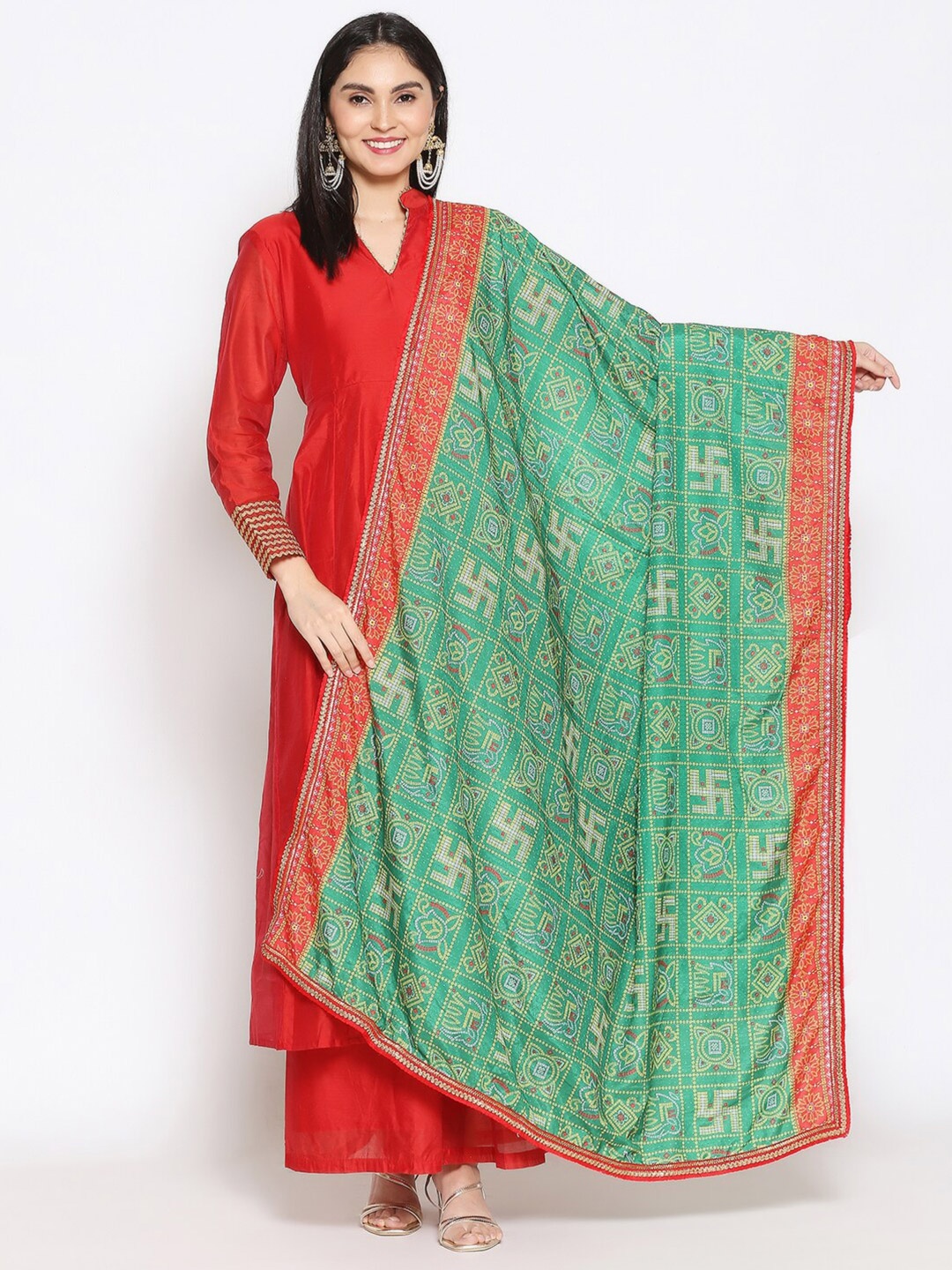 

Dupatta Bazaar Green & Red Printed Dupatta with Gotta Patti