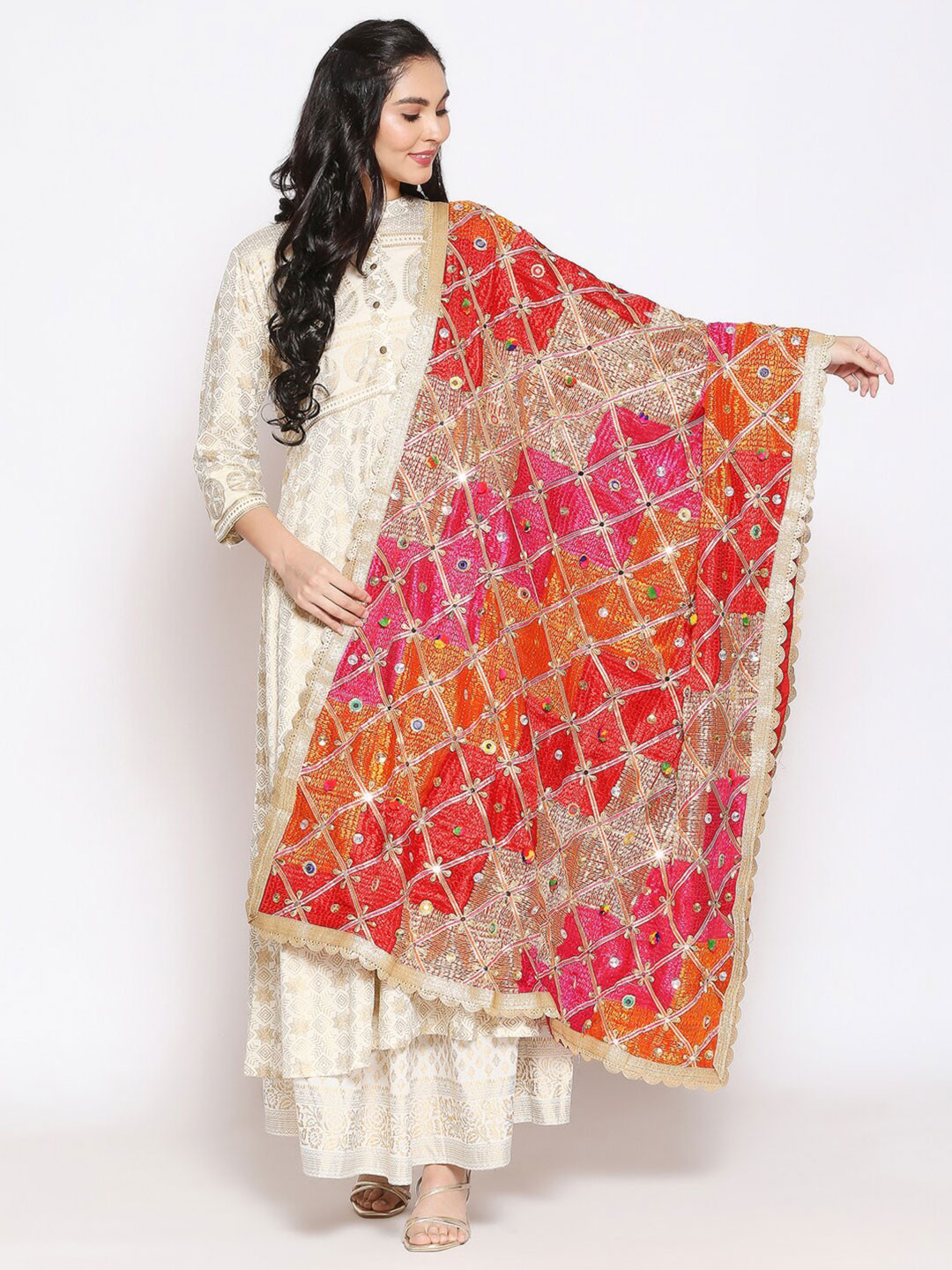 

Dupatta Bazaar Pink & Red Embroidered Dupatta with Phulkari