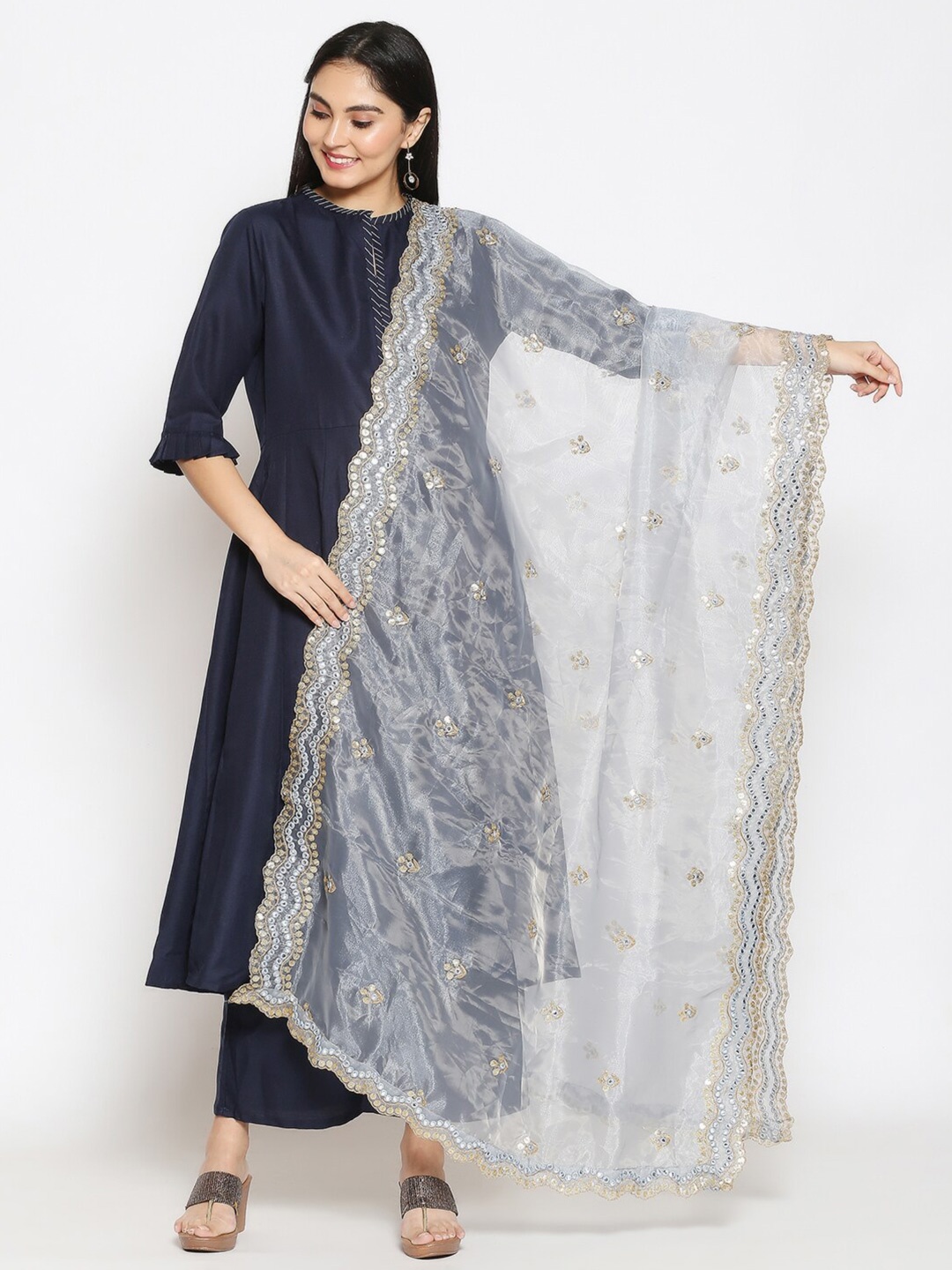 

Dupatta Bazaar Grey & Gold-Toned Ethnic Motifs Embroidered Sequinned Organza Dupatta