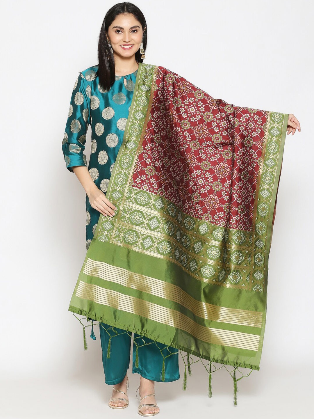 

Dupatta Bazaar Women Maroon & Green Ethnic Motifs Woven Design Banarasi Dupatta