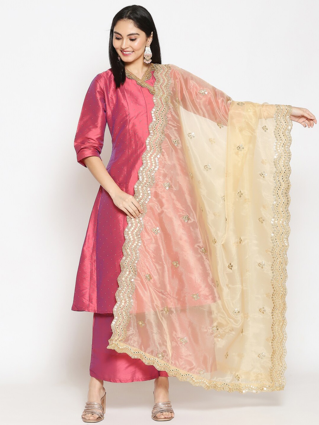 

Dupatta Bazaar Gold-Toned Ethnic Motifs Embroidered Organza Dupatta with Sequinned