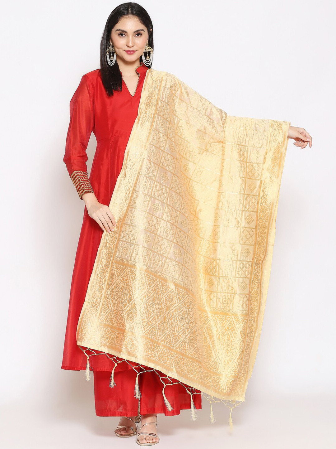 

Dupatta Bazaar Women Cream-Coloured Ethnic Motifs Woven Design Banarasi Dupatta