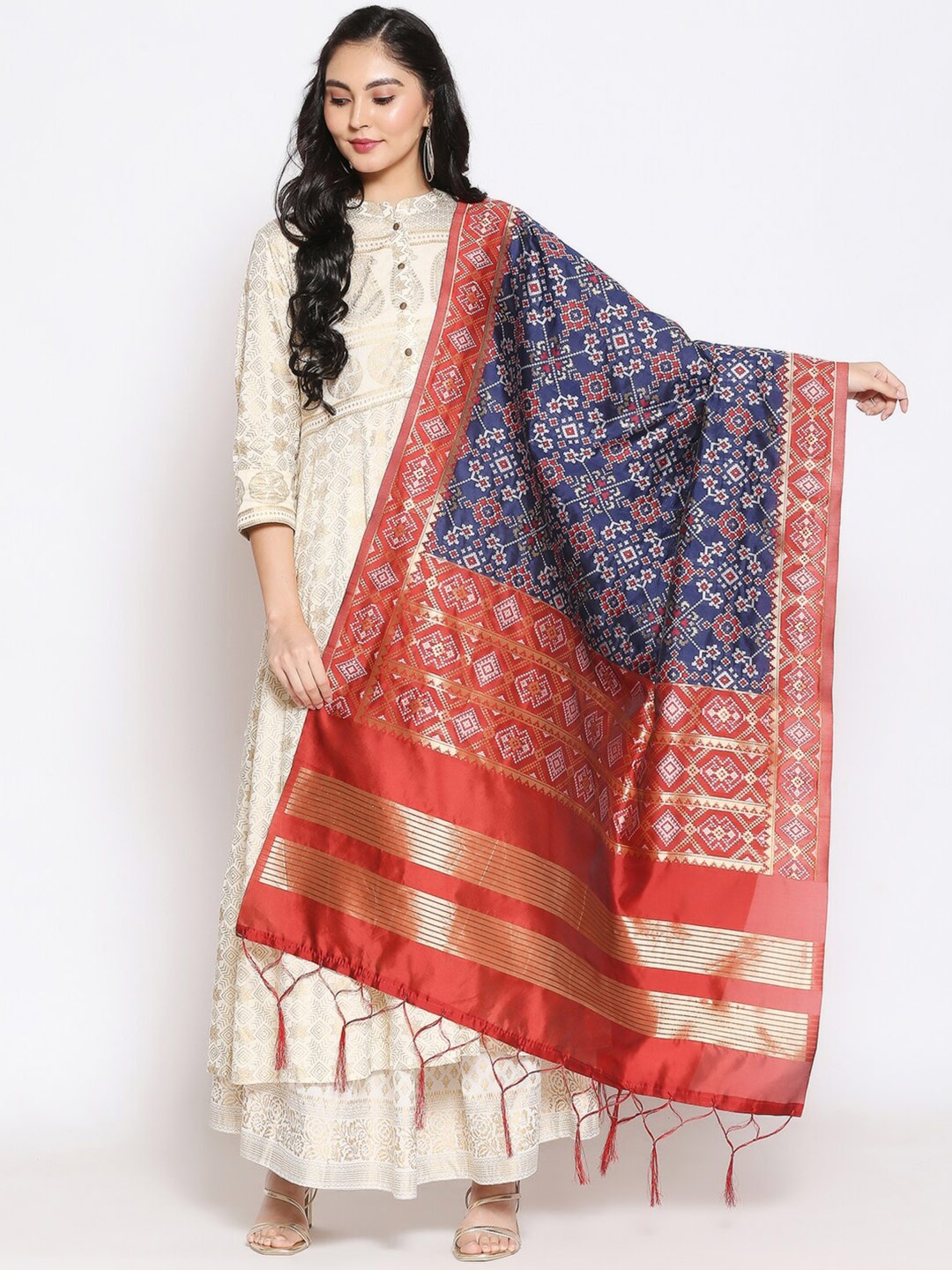 

Dupatta Bazaar Navy Blue & Red Ethnic Motifs Woven Design Dupatta