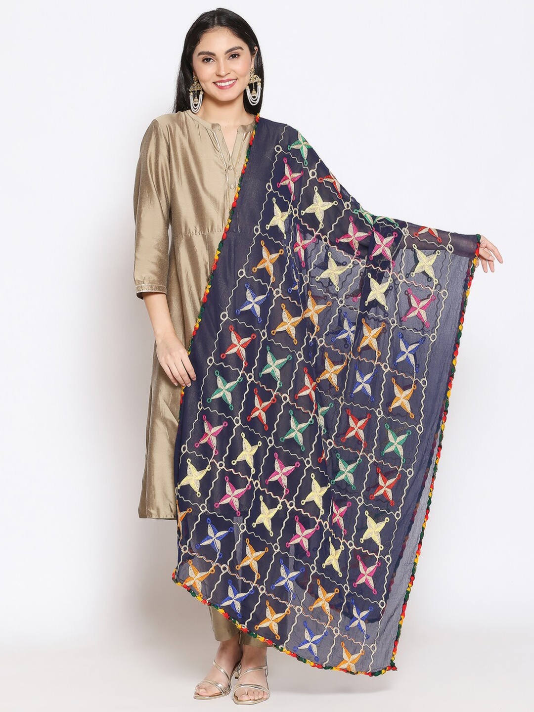 

Dupatta Bazaar Navy Blue & Yellow Ethnic Motifs Embroidered Dupatta with Phulkari