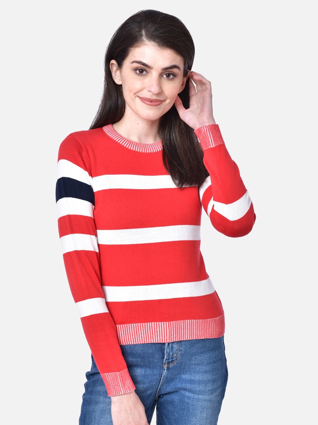 

DAiSY Women Cotton Red & White Striped Pullover