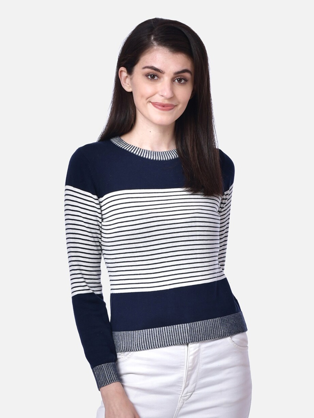 

DAiSY Women Navy Blue & White Striped Cotton Pullover