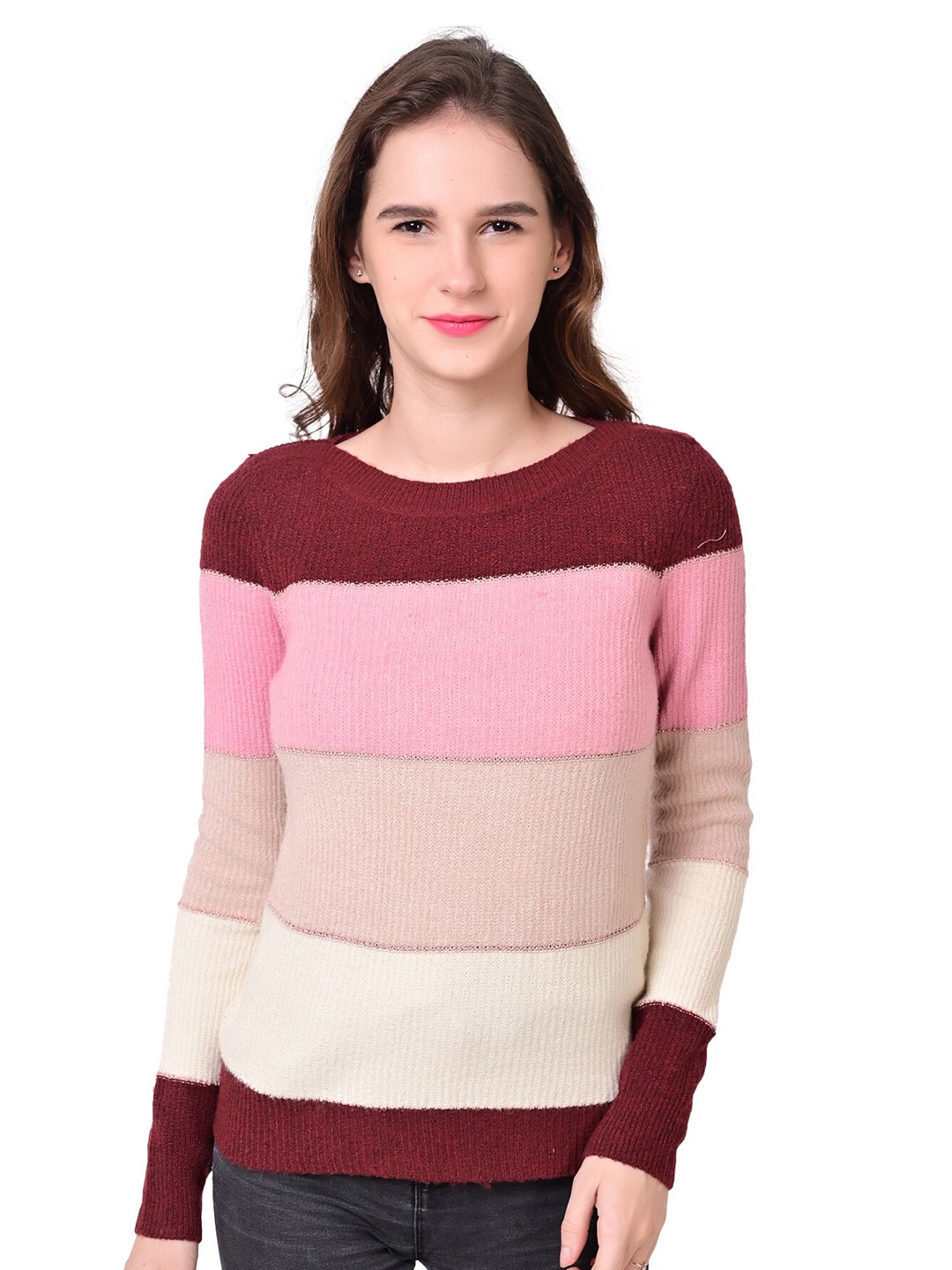 

NoBarr Women Maroon & Pink Colourblocked Acrylic Pullover