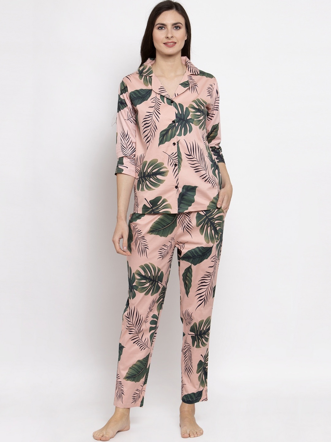 

Claura Women Pink & Green Floral Printed Pure Cotton 2 Pc Night Suit