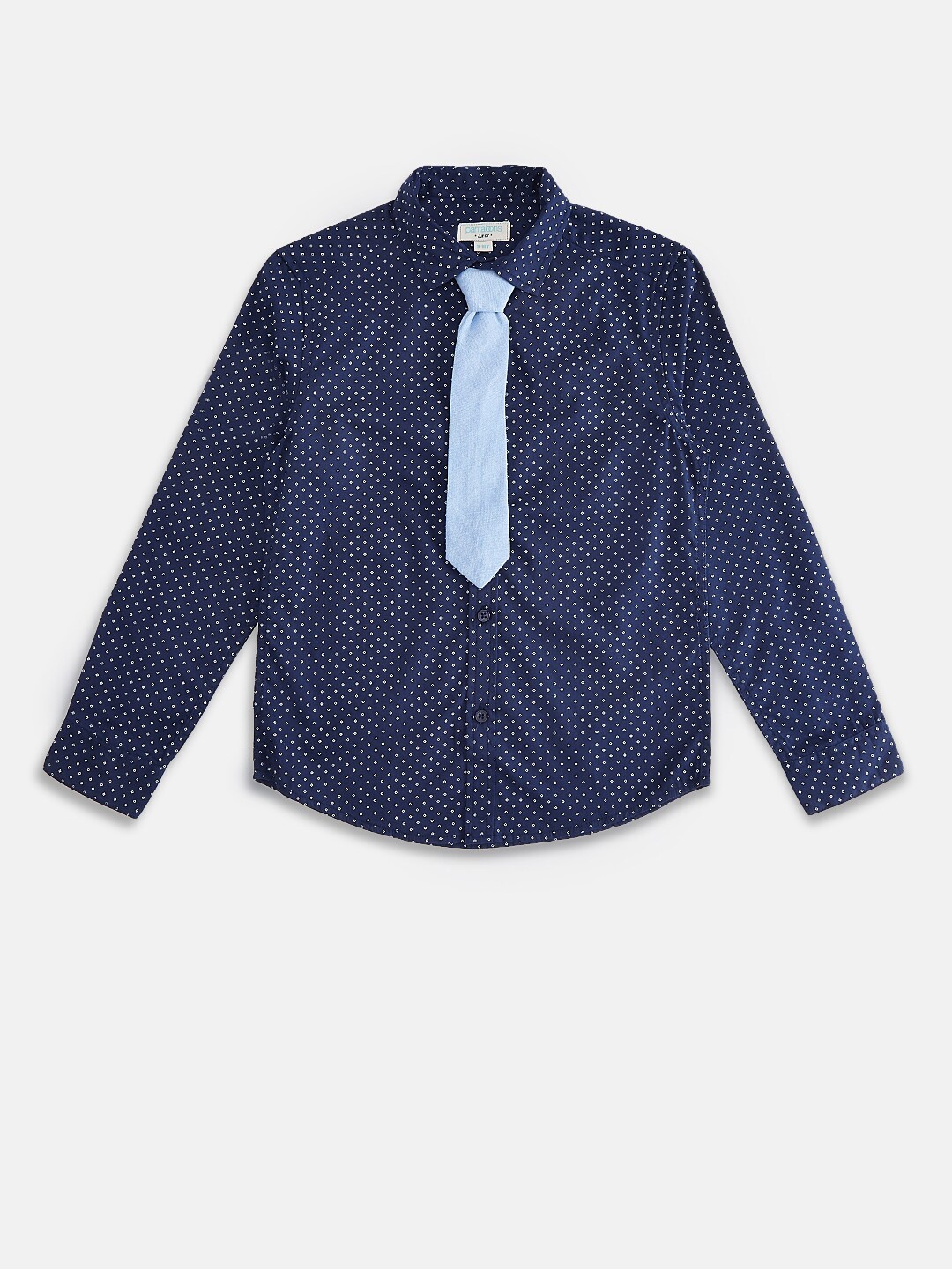 

Pantaloons Junior Boys Navy Blue & White Opaque Printed Pure Cotton Party Shirt with Tie