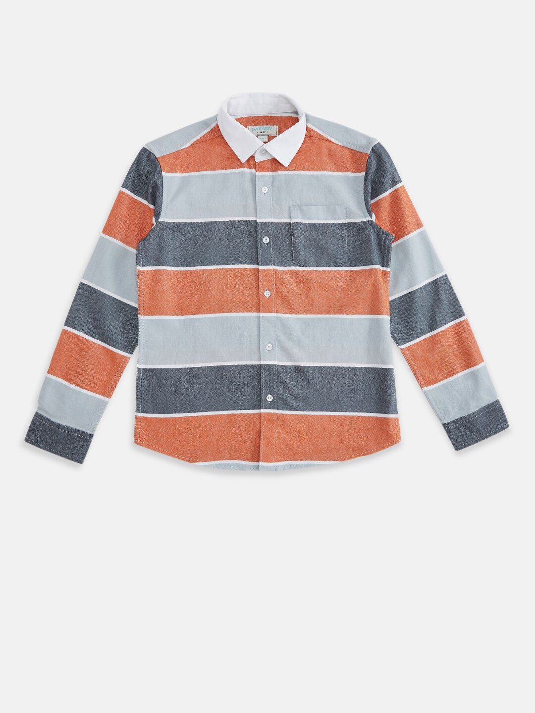 

Pantaloons Junior Boys Coral & Grey Horizontal Stripes Striped Pure Cotton Casual Shirt