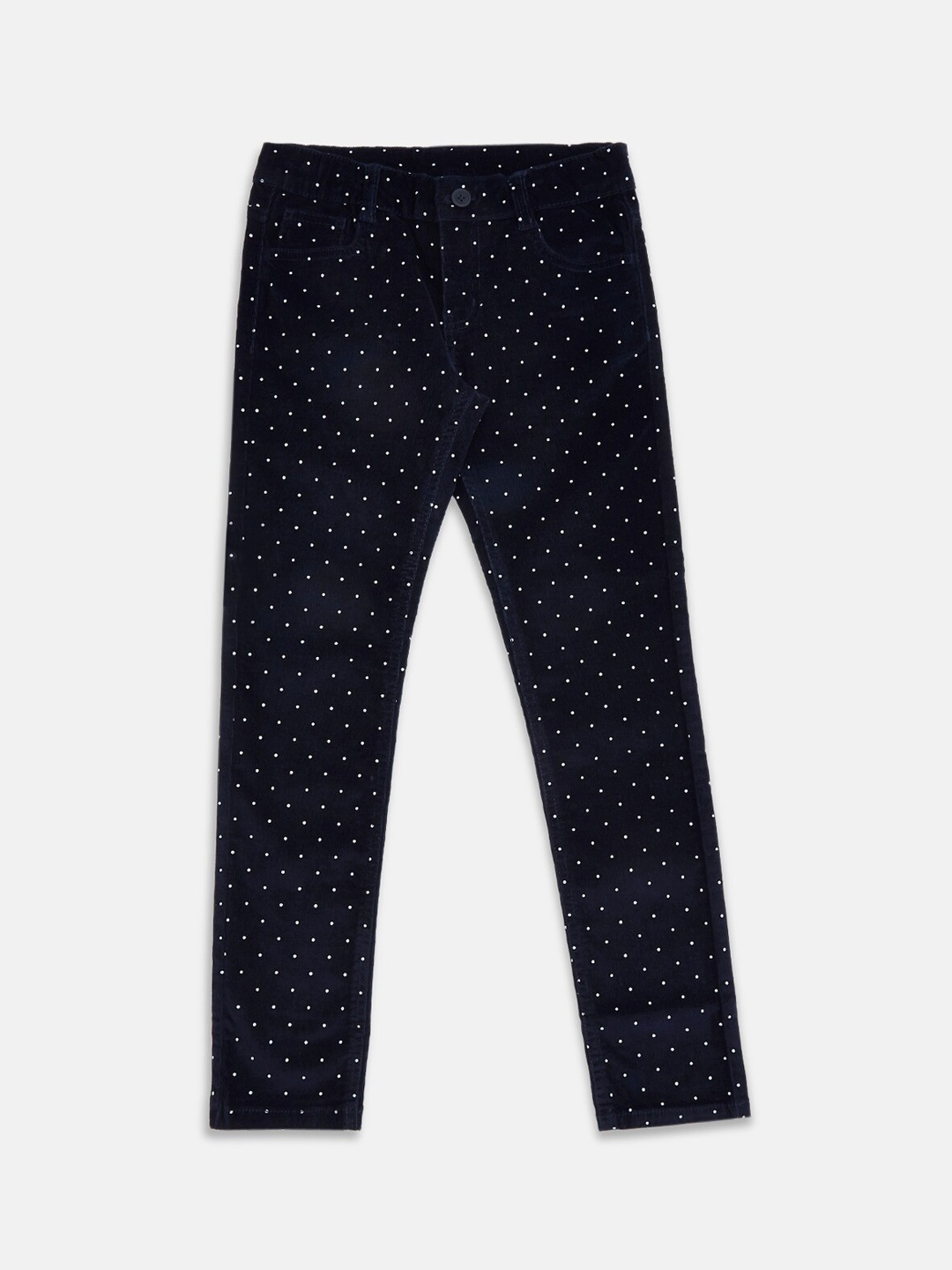 

Pantaloons Junior Girls Navy Blue & White Polka Dot Printed Pure Cotton Trousers