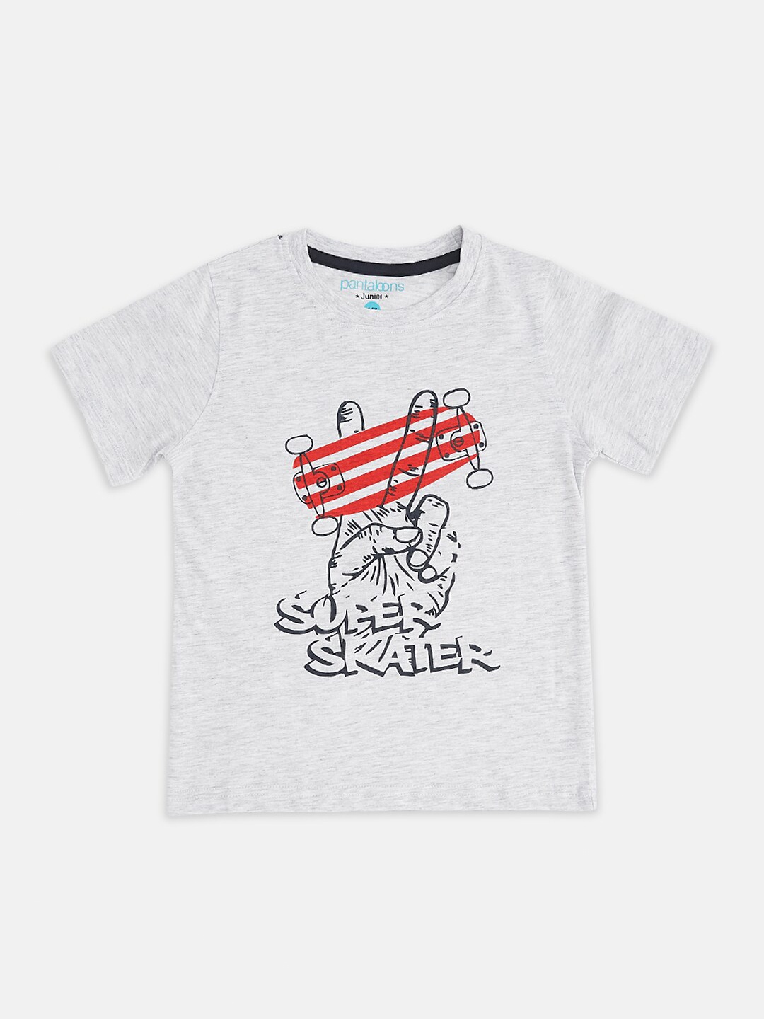 

Pantaloons Junior Boys Grey Melange & Black Printed Pure Cotton T-shirt