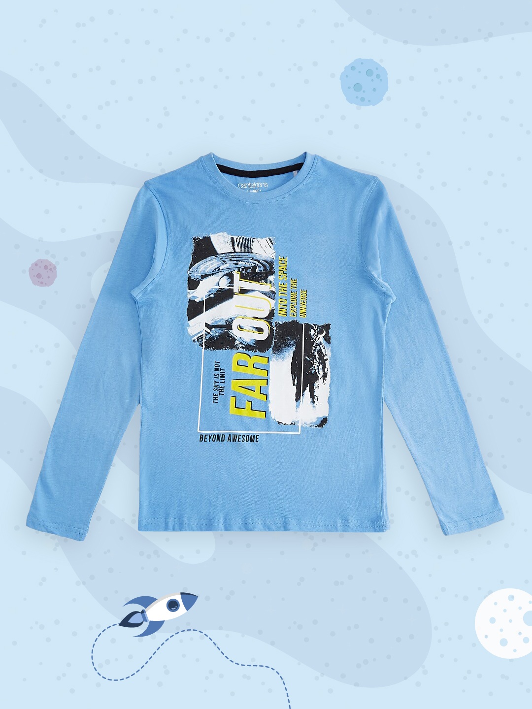 

Pantaloons Junior Boys Blue & Black Printed Pure Cotton T-shirt