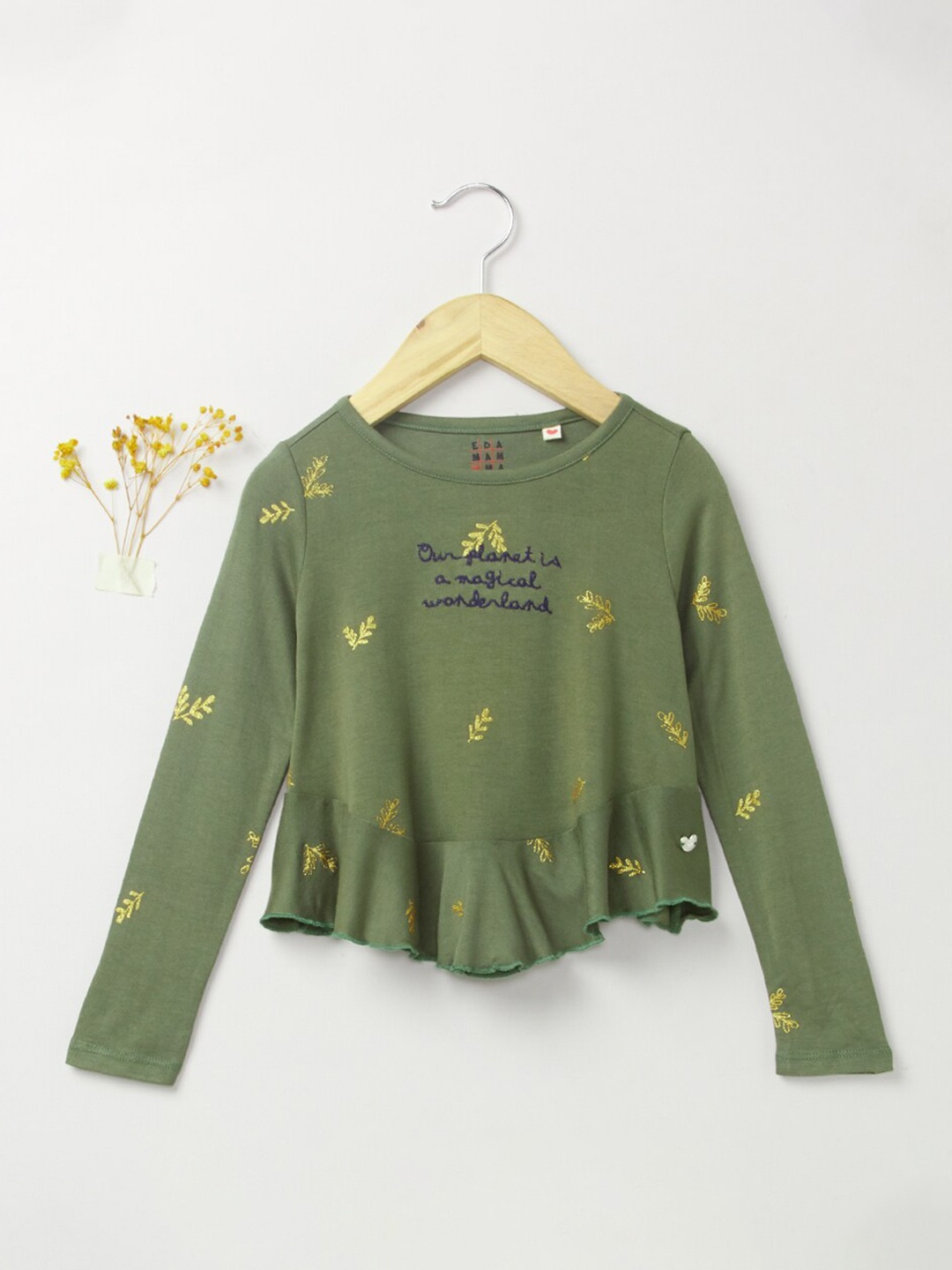 

Ed-a-Mamma Girls Olive Green Typography Printed Extended Sleeves T-shirt