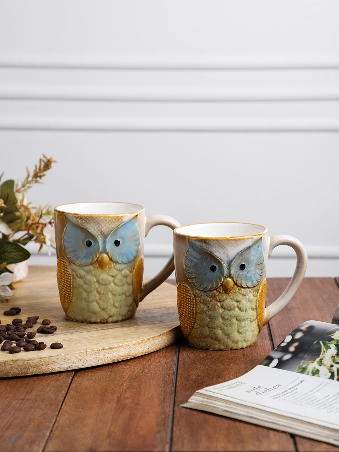 

OddCroft Cream-Coloured & Blue Set Of 2 Textured Ceramic Glossy Cups