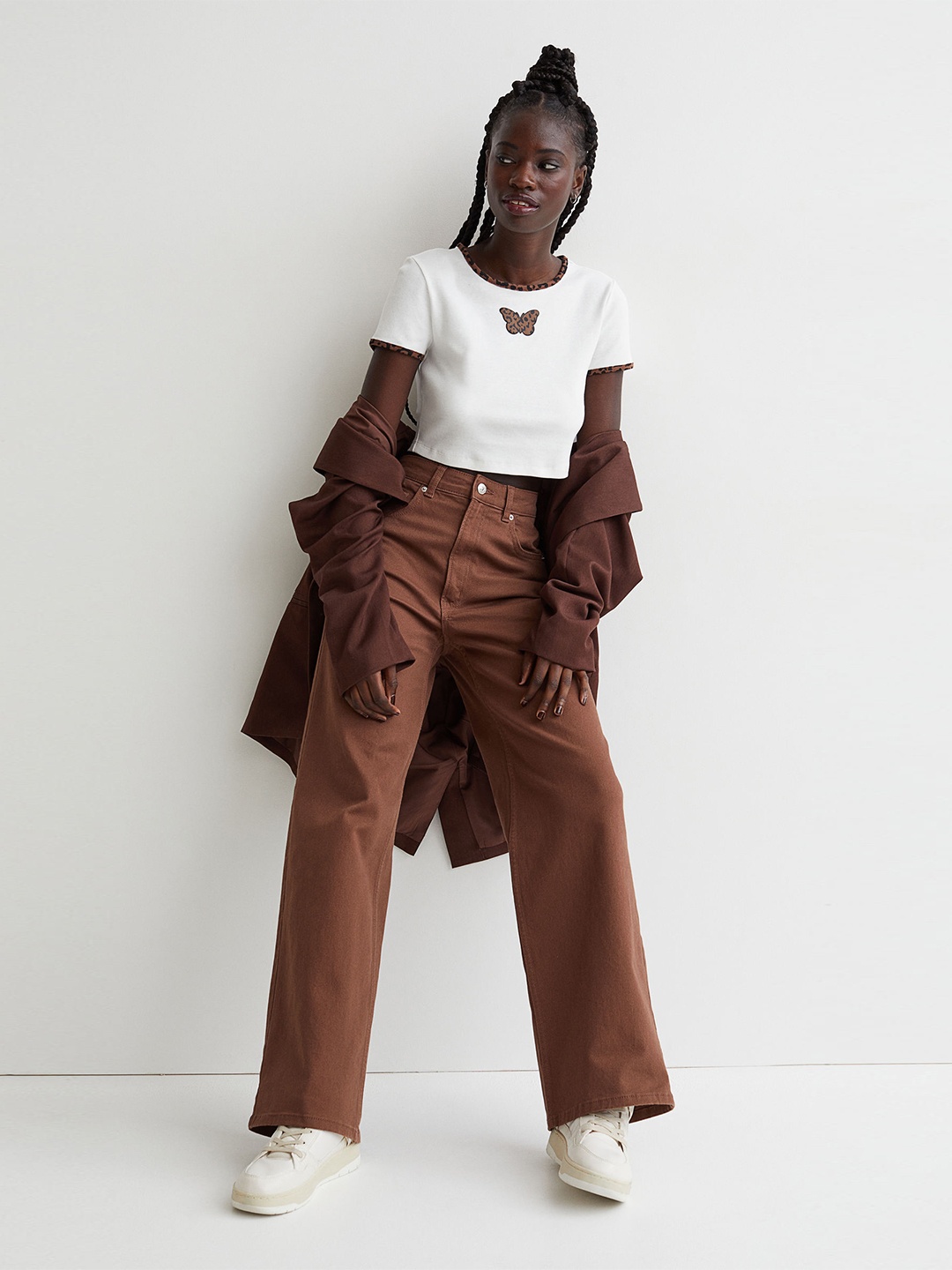 

H&M Women White & Brown Printed Cropped Pure Cotton Top