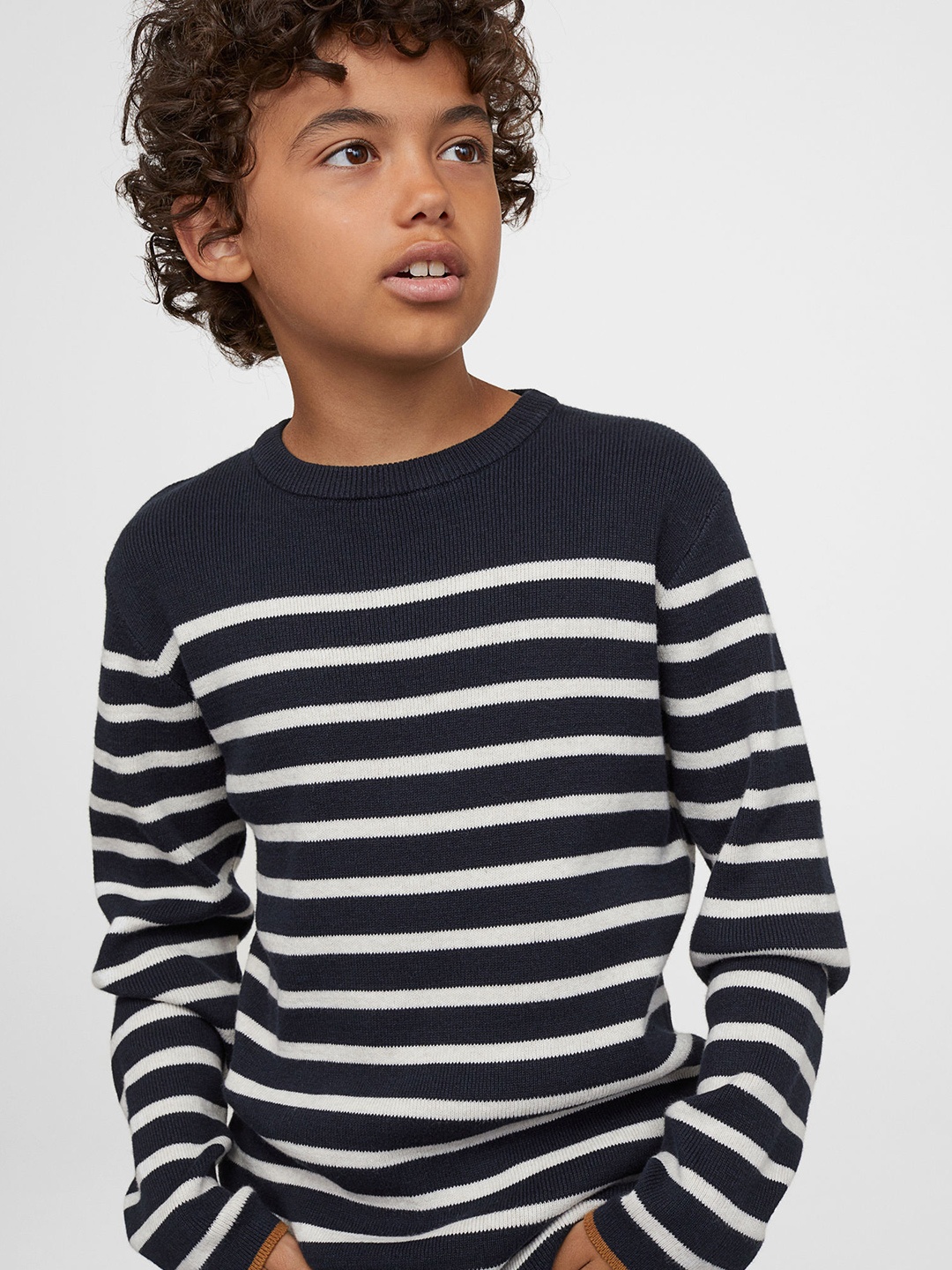 

H&M Boys Navy Blue & White Striped Fine-Knit Cotton Jumper