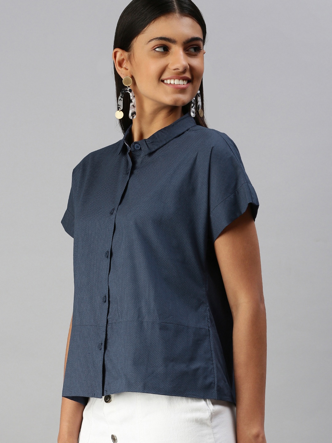 

abof Blue Micro Polka Dots Print Shirt Collar Regular Sleeves Pure Cotton Shirt Style Top
