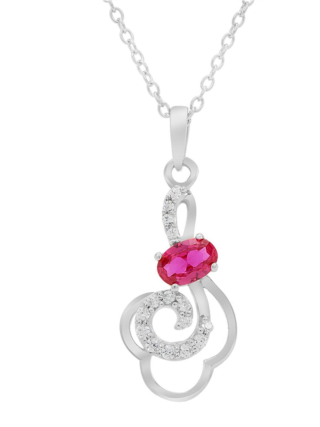 

LA SOULA Rhodium Plated Red & White Stone Studded Silver Pendant With Chain