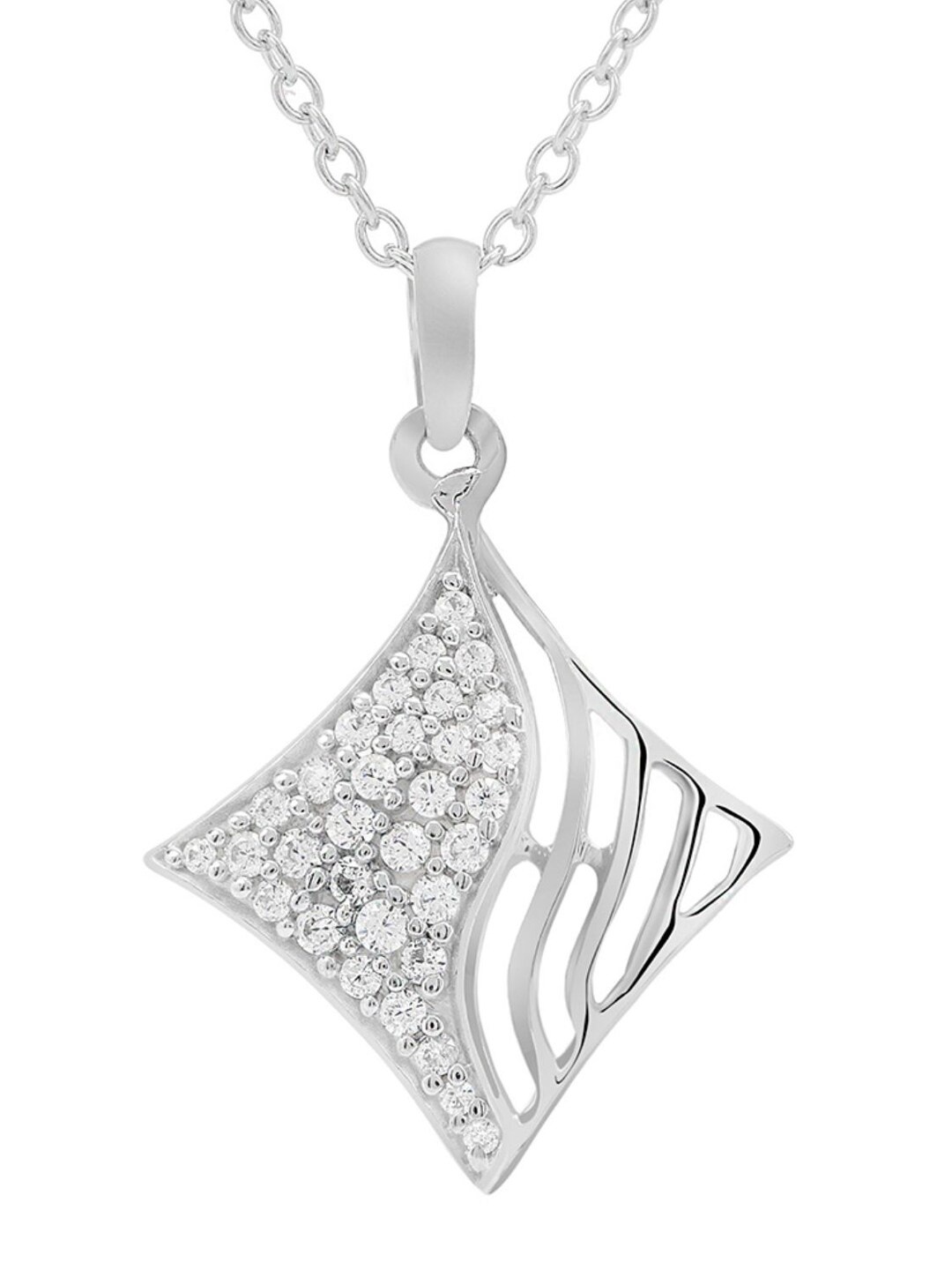 

LA SOULA Rhodium Plated White CZ Stone Studded Silver Pendant With Chain