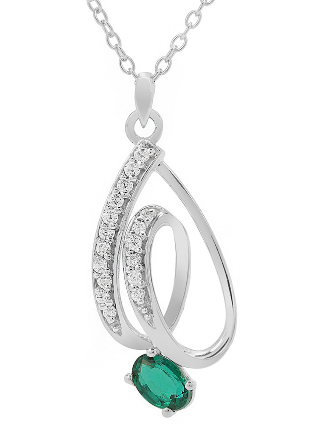

LA SOULA Rhodium Plated Green & White Stone Studded Pendant With Chain