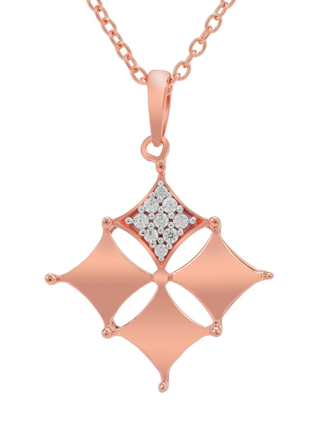 

LA SOULA Rose Gold Plated White CZ Stone Studded Silver Pendant With Chain