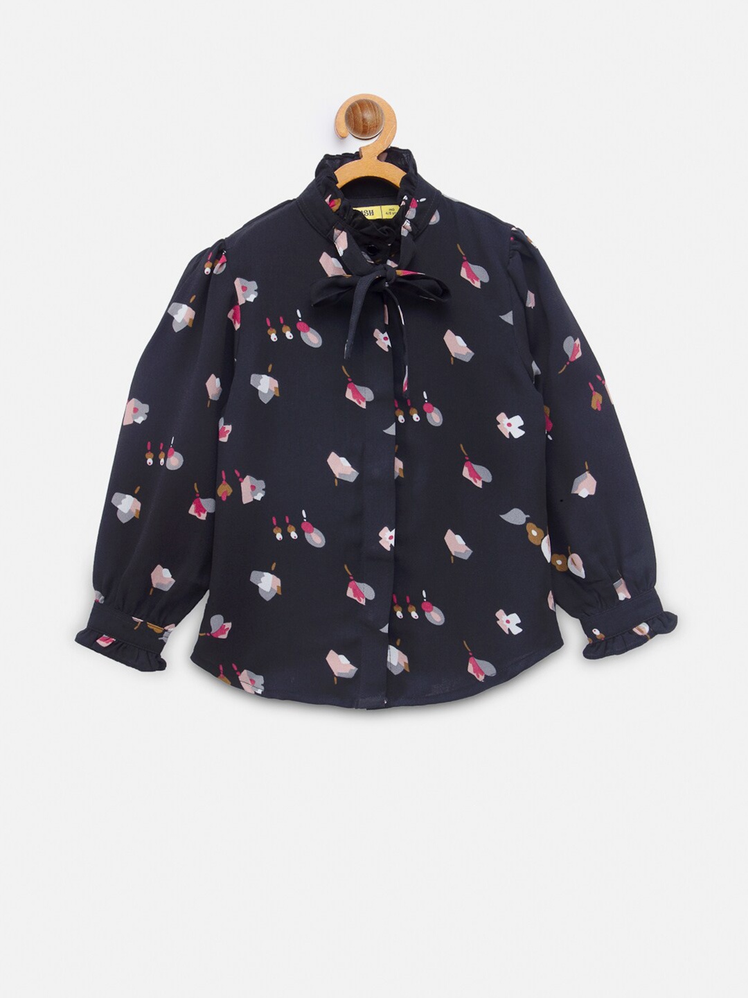 

NYNSH Girls Navy Blue & Pink Floral Tie-Up Neck Shirt Style Top