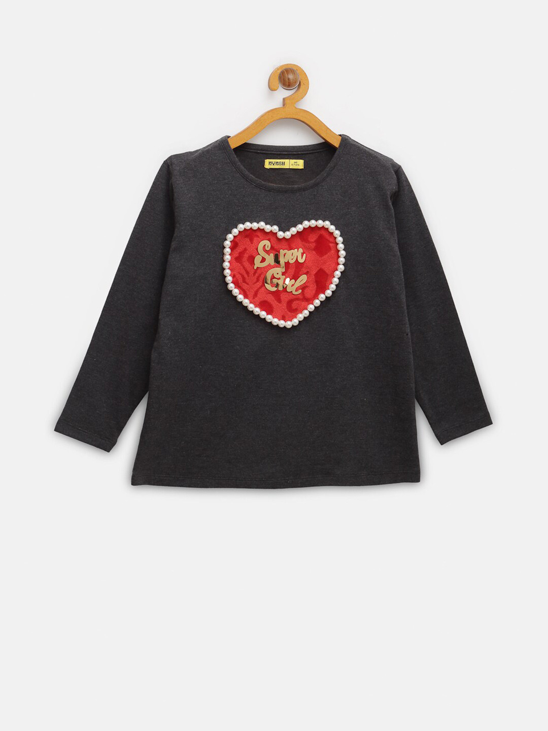 

NYNSH Girls Charcoal Grey & Red Embellished Pure Cotton T-shirt