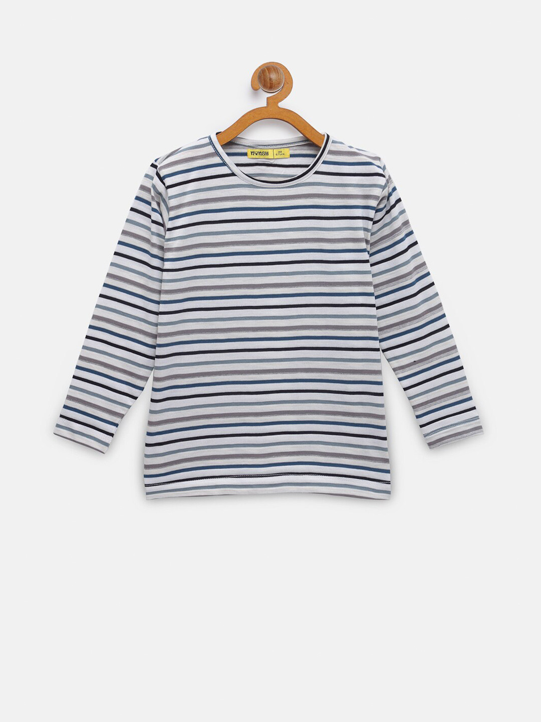 

NYNSH Girls Grey & Blue Striped Pure Cotton T-shirt