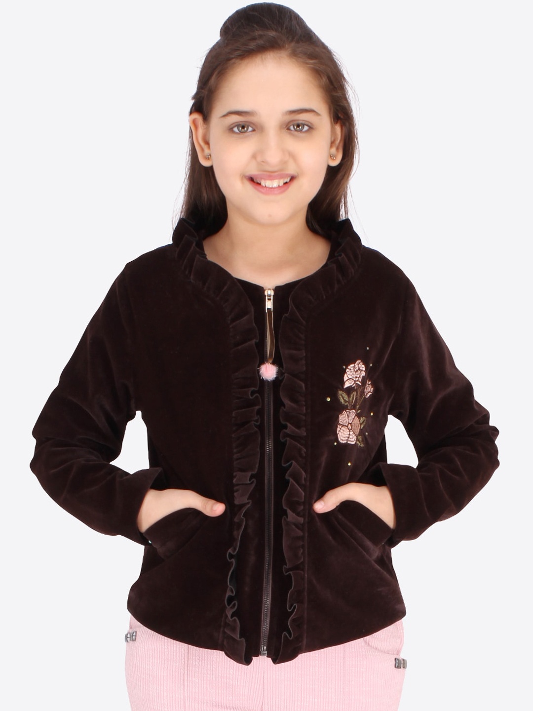 

CUTECUMBER Girls Brown & Pink Suede Embroidered Tailored Jacket