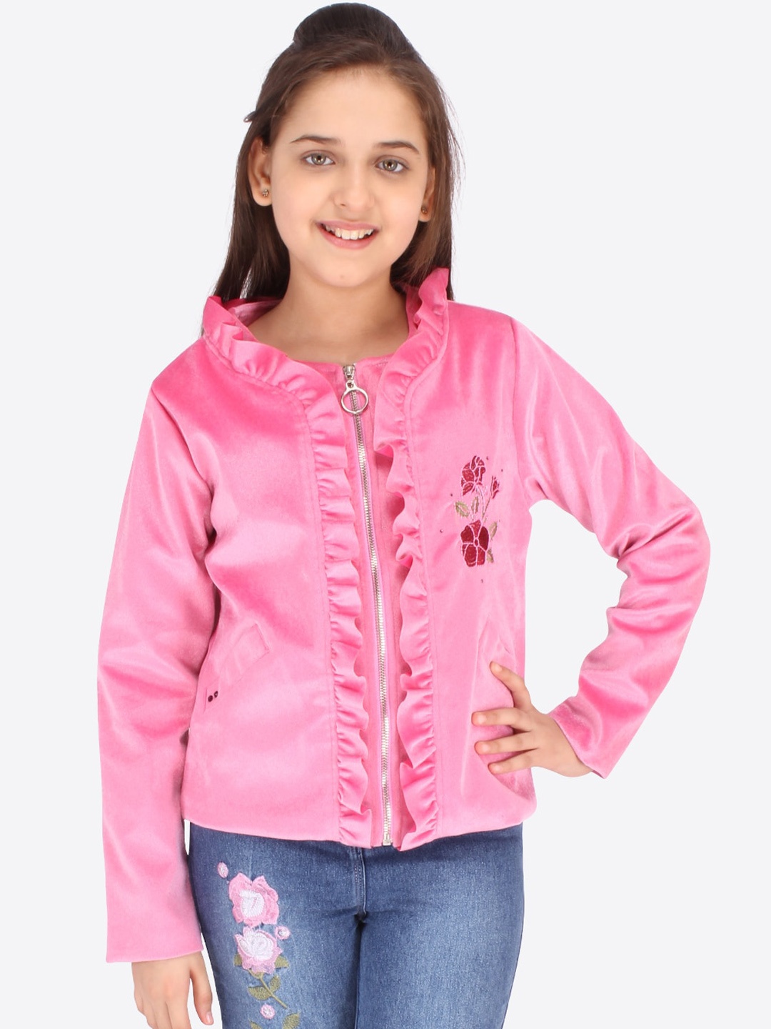 

CUTECUMBER Girls Pink Suede Crop Padded Jacket with Embroidered