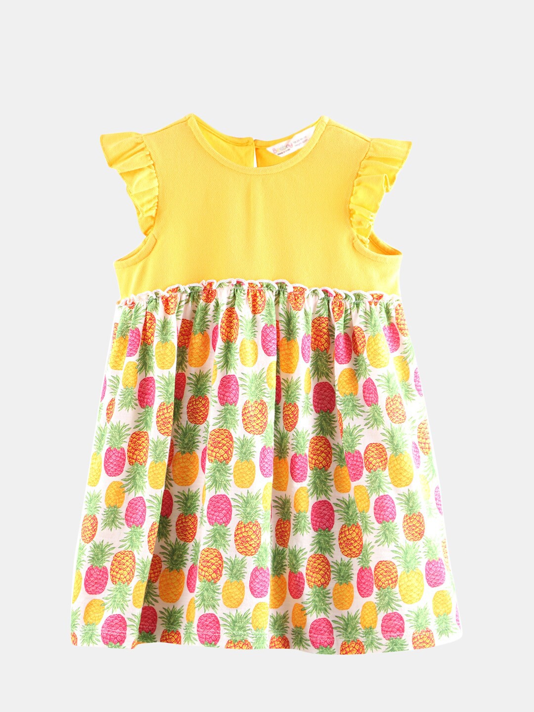 

Beebay Girls Yellow & Green Tropical Printed Cotton A-Line Dress