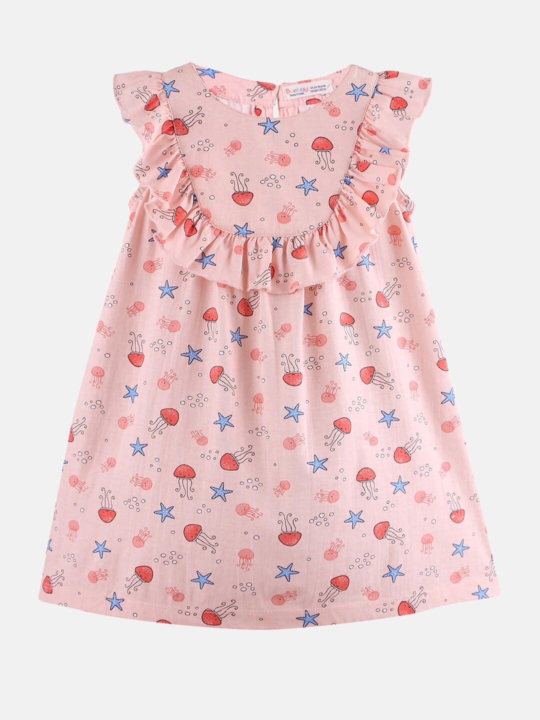 

Beebay Girls Peach-Coloured & Blue Printed Cotton A-Line Dress