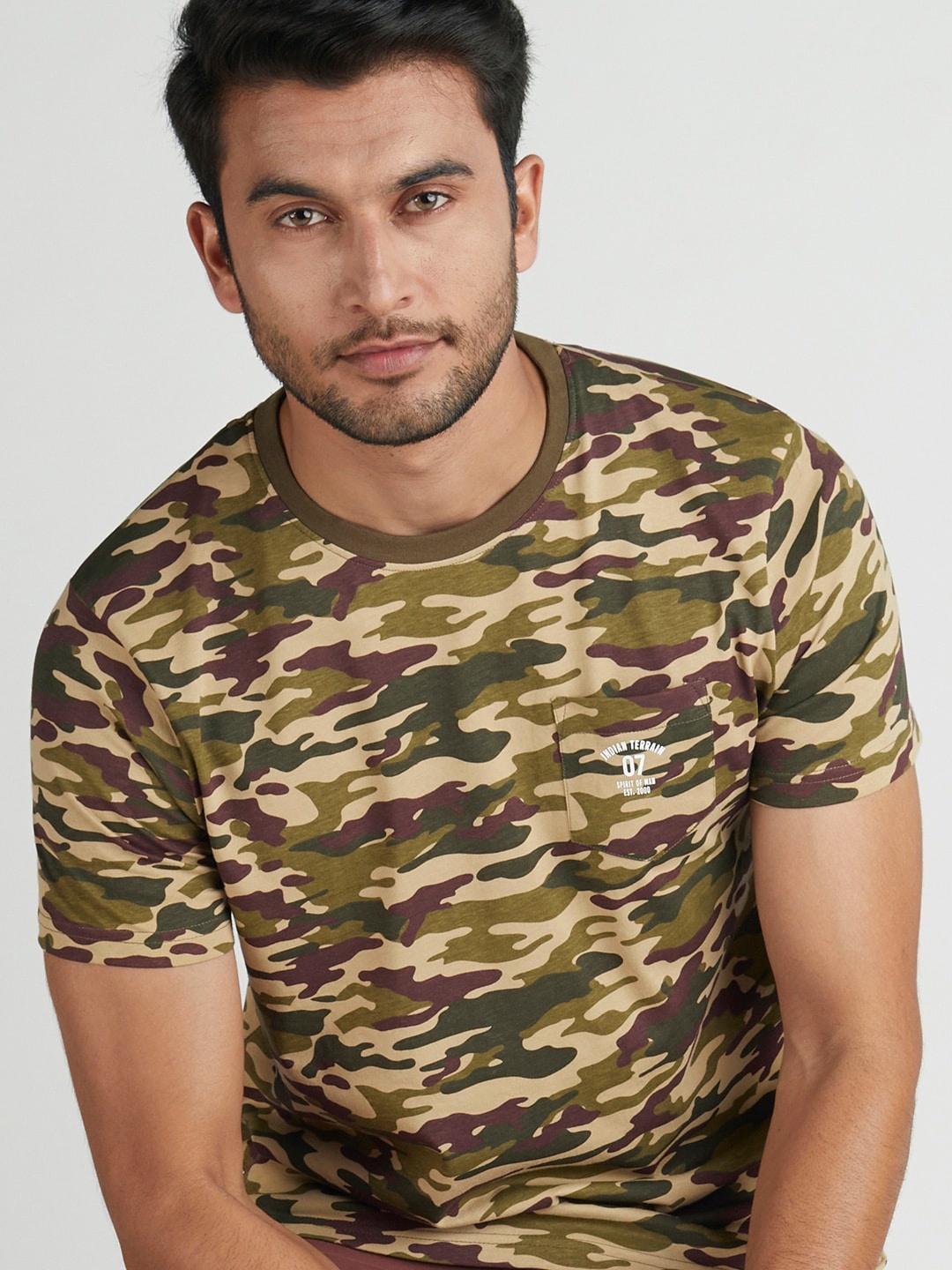 

Indian Terrain Men Beige & Olive Green Camouflage Printed T-shirt