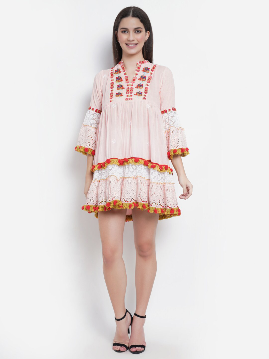 

IX IMPRESSION Pink Embroidered Gathered Pom Pom Floral Dress