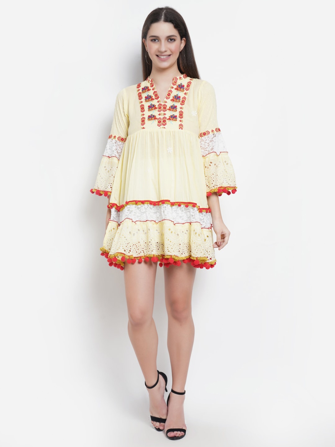 

IX IMPRESSION Yellow & Red Embroidered Gathered Cotton Mini Empire Dress With Pom Pom