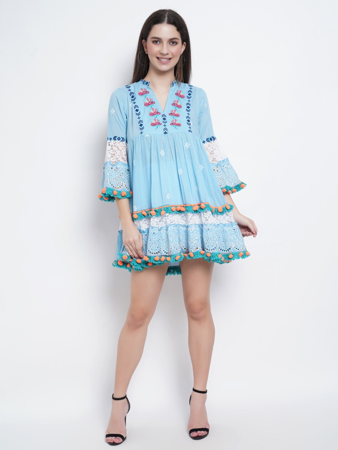 

IX IMPRESSION Turquoise Blue & White Floral Embroidered Dress