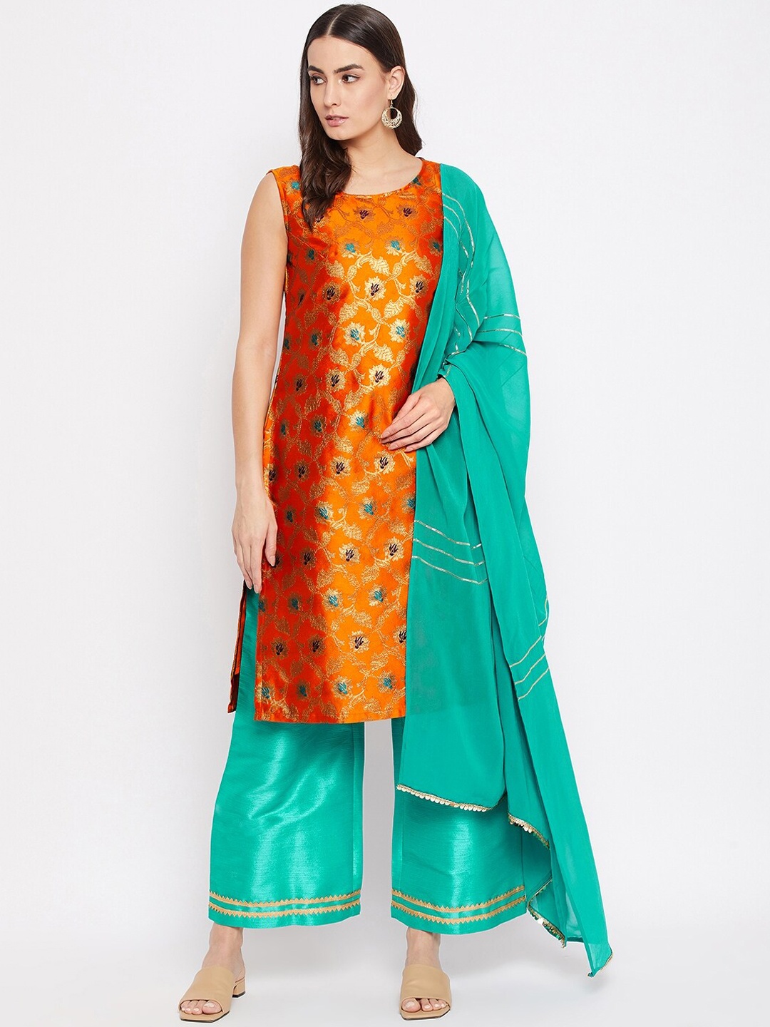 

Bitterlime Women Orange Floral Regular Kurti with Palazzos & With Dupatta